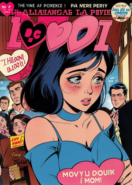 romance_comics_cover, comic book cover of a crying woman at a party, diverse crowd in background, <lora:romance_comics_cover:1>