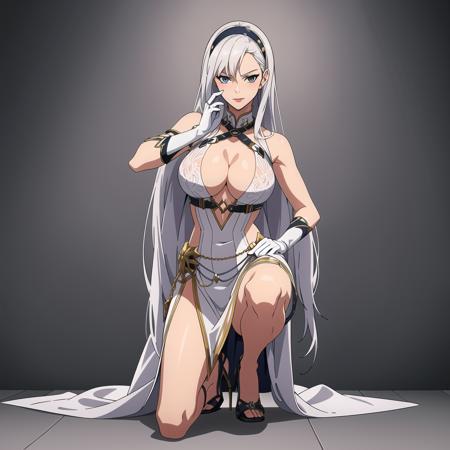 ((best quality)),(real),(masterpiece),absurdres,realistic,1girl,goddess,very long hair,silver hair,white hairband,large breasts,cleavage,high heels,virgin killer outfit,