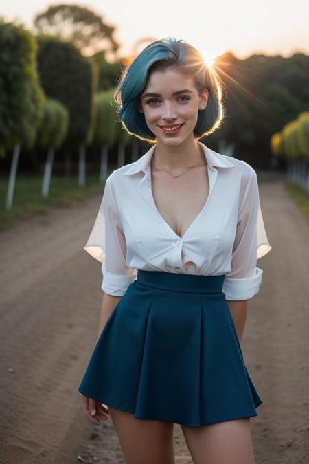 4k, photo, realistic, BREAK ((French woman)), supermodel, ((EPsmSailorMercury)), BREAK ((a photo of a Irish woman, ((detailed face)), (full body), BREAK smooth thigh, perfect lips, medium breasts, white shirt, cleavage, perfect eyes, shy smile, makeup, short skirt, BREAK kodak portrait, instagram, photography, skin pores, (looking at camera:1.6), pale skin, BREAK ((blue hair)), blue eyes, (short hair), detailed eyes, smile, freckles, standing, portrait, candid, BREAK sunset, lens flare, depth of field, RAW photo, film still, accurate face, detailed background, (high detailed skin:1.2), skin pores,