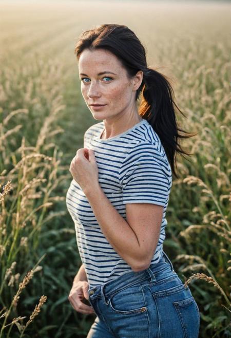 Stunning analog photo of a beautiful 38 years old Dutch woman, striped t-shirt, jeans, perfect face, absolute beauty, sexy pose, natural raven black hair, ponytail, blue eyes, freckles, freckles and moles all over body, absolute perfect tits, big tits, soft natural tits, walking through a beautiful field, early morning, misty, soft natural early morning light light,