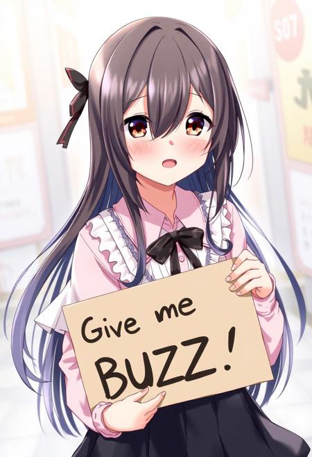 score_4,score_5,score_6,score_7_up,score_8_up,score_9 ((masterpiece,best quality,ultra detailed,highres,HD,4k:1.2)), 
1 girl,solo,face focus,
fuyuko mayuzumi, black hair, brown eyes, long hair, two side up,
black bow, black bowtie, black ribbon, black skirt, bow, bowtie, frilled shirt, frills, jirai kei, long sleeves, neck ribbon, pink shirt, ribbon, shirt, skirt, white shirt,
(("Give me Buzz.",Beggars Borad,Holding a sign, holding a sign that says, "Give me Buzz."))
open mouth,happy,blush, looking at viewer, smile,