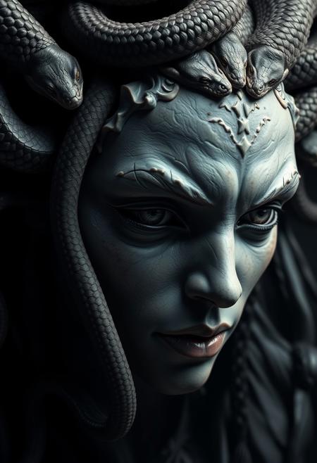 Medium shot of Medusa, beautiful, snakes at the hair, dramatic, (masterpiece, best quality, high quality), hyperdetailed, highres, intricate detail, HDR, 8k, sharp focus, realistic eyes, detailed skin texture, subsurface scattering, realistic, dark, photorealistic,