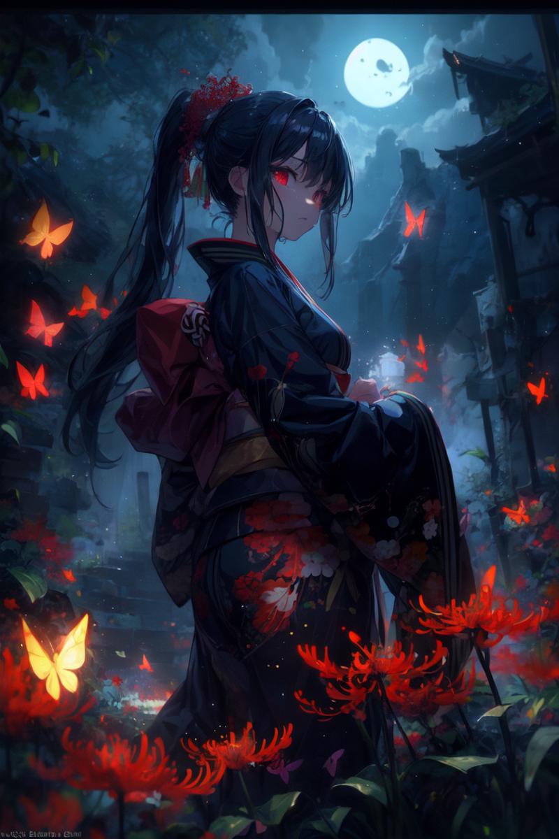 Anime Illustration of a Geisha in a Kimono with Butterflies Around Her