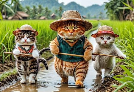 fluffy orange tabby fat cat wearing straw hat, asian farmer hat, walking guiding kittens wearing asian clothes, rice paddy, paddy, rice field in the background, morning, grass land background, there is a tree far in the background, river in side, asian farmer cat, cat and kittens standing and walking like human and children, cat work harvesting rice, cat holding, farmer tools