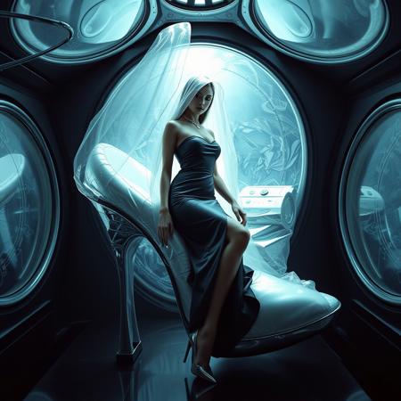 tall slender elegant slavic femme fatal  encased in foil pillows inside  giant glass sleek stiletto shoe ,  veil  covered, under dimension portal to another galaxy , dressed in sexy glossy satin side slit 1950s nightgown ,  lush diamond collar, pefect legs in lace trim stockings and d'orsay high heels, small feets, alien spaceship brainwashing chamber,  inside weird horror alien machine,  horror, forced, restrained, fetish