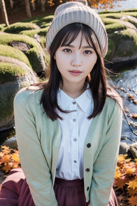 1girl,(wearing a cardigan and long skirt:1.2),(wearing a wooly beret),(RAW photo, best quality), (realistic, photo-realistic:1.4), masterpiece, an extremely delicate and beautiful, extremely detailed, 2k wallpaper, Amazing, finely detail, extremely detailed CG unity 8k wallpaper, ultra-detailed, highres, soft light, beautiful detailed girl, extremely detailed eyes and face, beautiful detailed nose, beautiful detailed eyes,cinematic lighting,(in a beautiful forest of pine trees at a Japanese countryside),(autumn scenery:1.3),(maple trees in autumn),(by a small rocky river),(morning light),perfect anatomy,slender body, <lora:hasegawanagi_lora:1>,(close up)