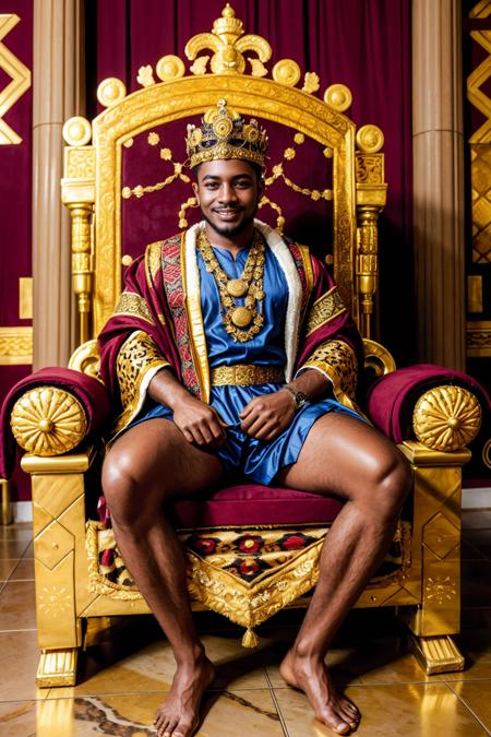 throne room of an African palace, African art, ornate throne with leopard skin cushions, sitting on throne, SeanXavier, wearing tunic, wearing colorful robes, closed robes, ornate gold necklace intricate African crown on head, smiling, masterpiece, (((full body portrait))), full body shot, wide angle  <lora:SeanXavier-000005:0.8>