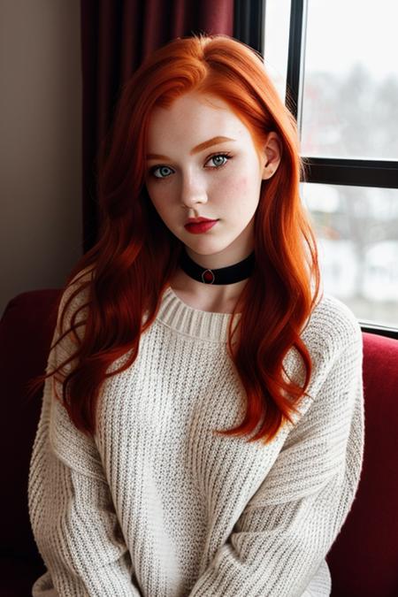 raw photo, (18yo redhead girl:1.2), makeup, graphic eyeliner, rouge, (choker:0.9), realistic skin texture, oversize knit sweater, (red:0.8), softcore, warm lighting, cosy atmosphere, instagram style