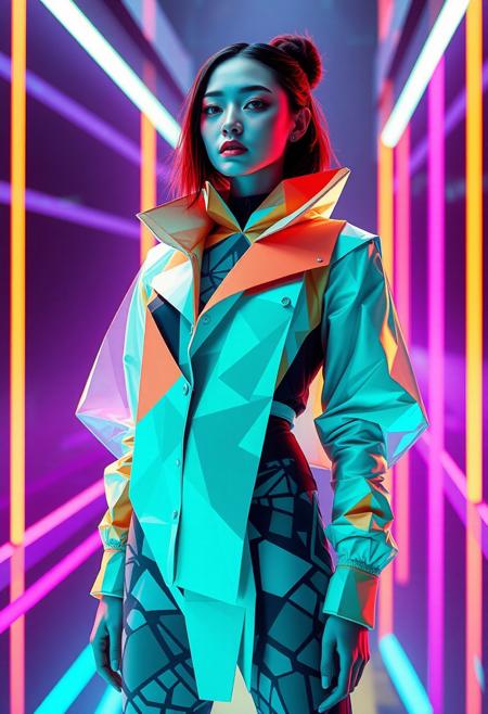 surreal, conceptual, female figure, wearing abstract clothing, geometric shapes, vivid colors, futuristic fashion, polygonal patterns, neon lights, avant-garde, artistic composition, high resolution, sharp details, (digital art:1.2), (extra1:1)