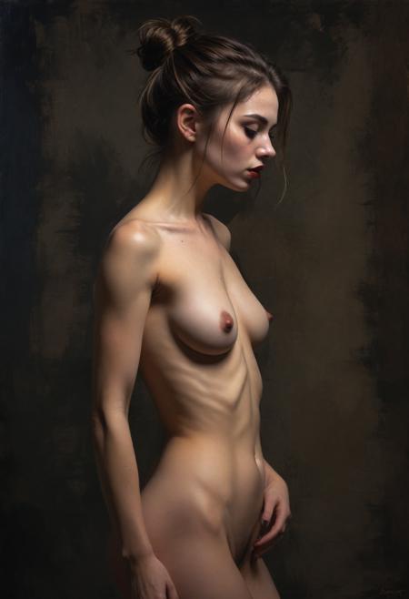 side profile view, full body, the most beautiful dancer girl, petite body, nude, (very small) breasts, detailed realistic areolas, bare stomach, trimmed pubic hair, messy bun hairdo, frowning, (dark:1.2) black lipstick, sad, top light, masterful painting, oil on canvas, darkness, moody lighting, chiaroscuro, high contrast, dark studio background  <lora:sdxl_lightning_8step_lora:1>