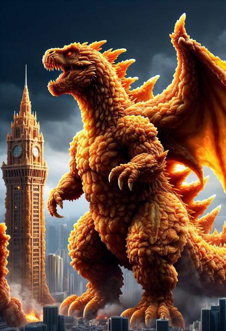 Ultrarealistic. sharp focus, dynamic lighting. play of light, Raytracing, Ultra detailed. (((DFC Style))). Gigantic Godzilla made of deep fried & crispy breading destroying a city.