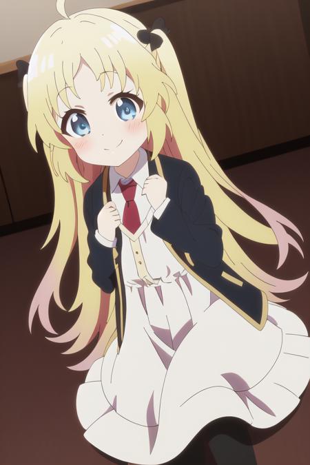 <lora:Ryuuou no Oshigoto!_charlotte izoard:0.7> charlotte izoard, main dress style, child, 1girl
bangs, black_bow, blonde_hair, blue_eyes, blush, bow, collared_shirt, jacket, long_hair, looking_at_viewer, necktie, open_clothes, open_jacket, red_necktie,shirt, smile, solo, white_shirt, yellow_jacket, 8k, masterpiece, absurdres, anime, screencap,