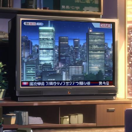 anime screencap in mnst artstyle of a television screen in a living room with a news broadcast on, showing news reporter and city at night, hd, 4k, high-quality