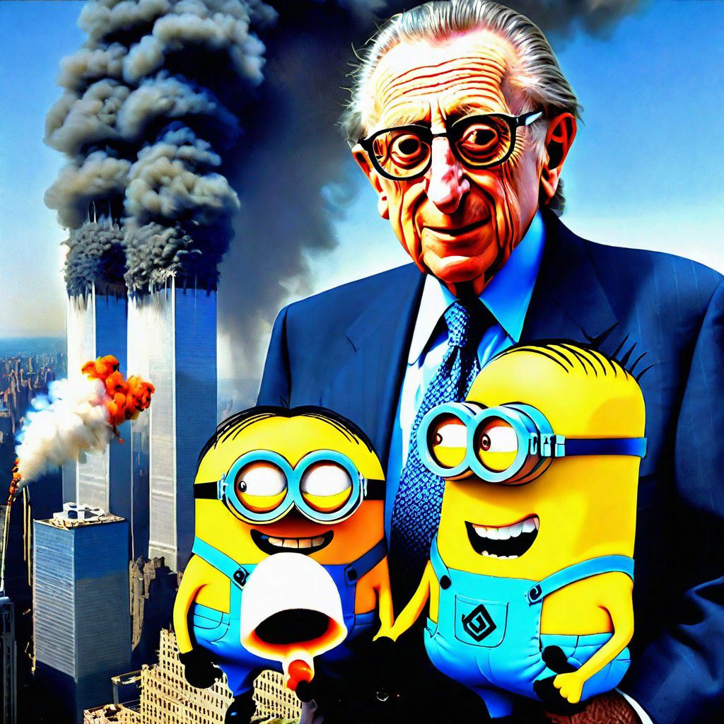 Larry Silverstein with minions while the World Trade Center is on fire and smoking