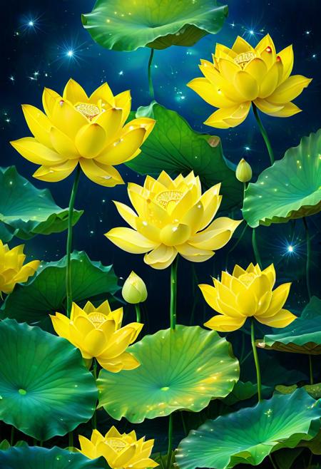 <lora:hehua:0.9>, hv, lily pad, no humans, sparkle, golden lotus, scenery, outdoors, some leaves, nature, water, lotus flowers are very diverse from flower buds to blooming flowers, ((yellow lotus)), Nelumbo lutea,The size of the flowers is different