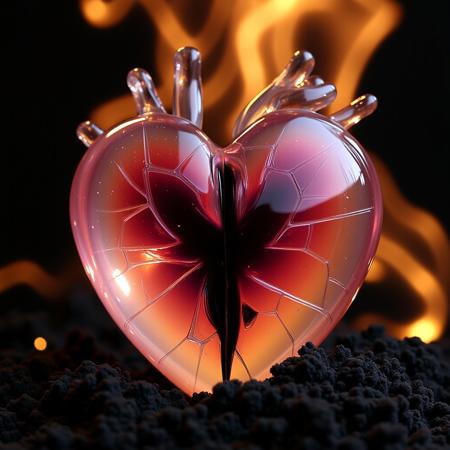 Close-up shot of a shattered glass heart, bisected along its central axis, revealing a dark, ominous core. Soft, golden light pours down from above, bathing the scene in a warm, ethereal glow. The surrounding environment is a blurred haze of black lava and ash, adding depth and mystery to the composition. The level of detail is meticulous, with each shard of glass and every texture rendered in high definition.