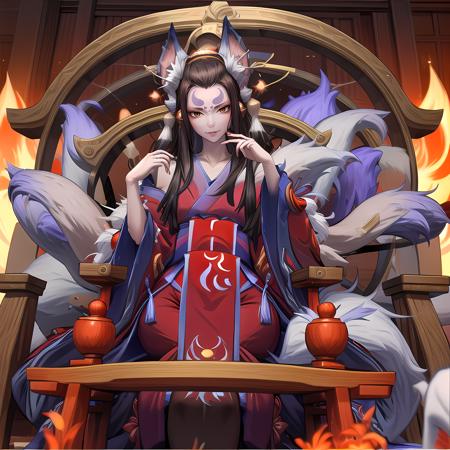 yuanshen,1girl,animal ears,multiple tails,tail,japanese clothes,fox ears,fox tail,kimono,sitting,kitsune,wide sleeves,fox,holding,long hair,kyuubi,hand fan,animal,hair ornament,solo,looking at viewer,bangs,long sleeves,black hair,rope,holding fan,brown hair,makeup,bell,torii,mask,fox girl,<lora:add_detail:0.5>,<lora:epiNoiseoffset_v2:0.5>,<lora:EnvyBetterHands LoCon_beta2:1>,perfect hands,<lora:烬天玉藻前1:0.8>,