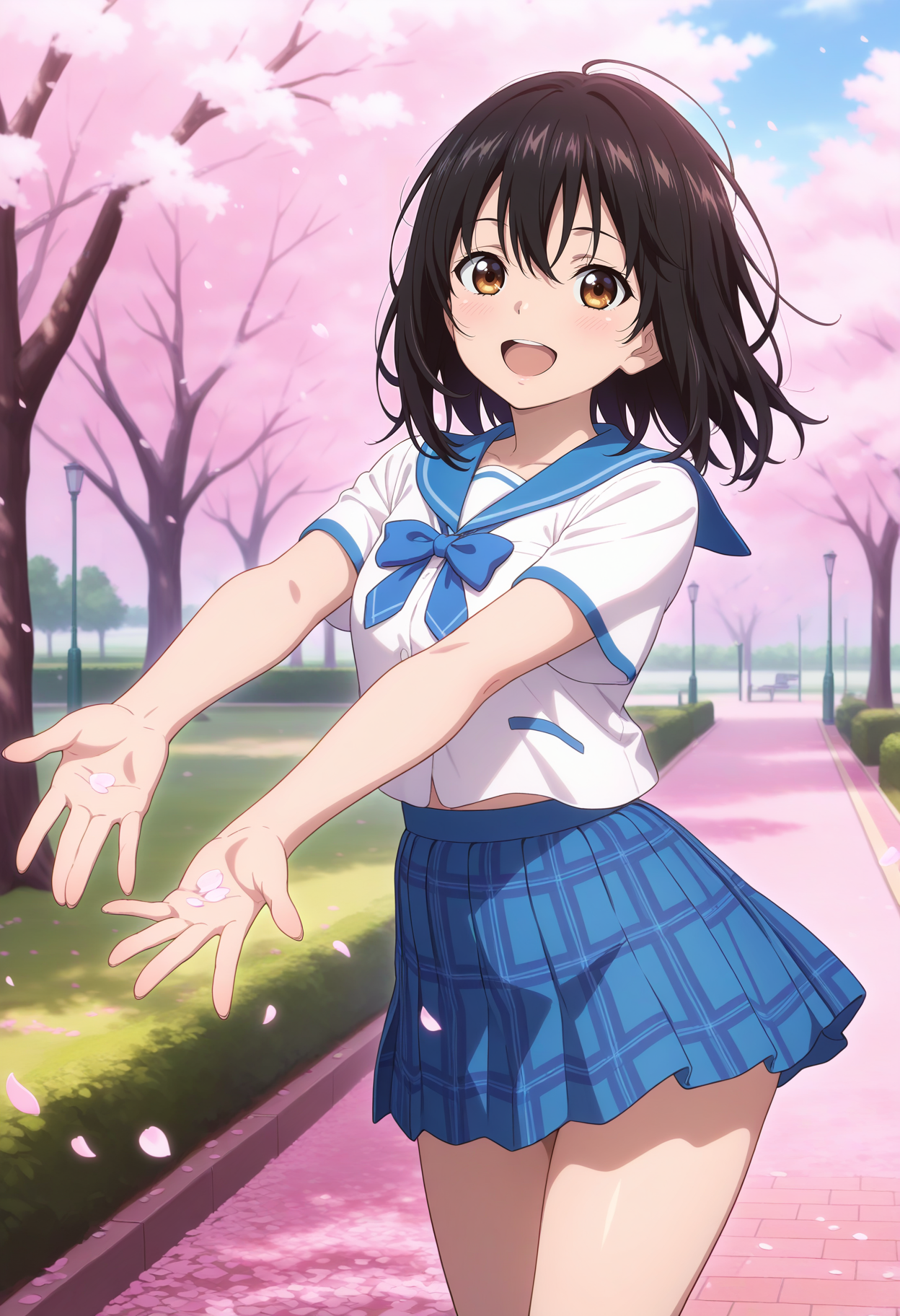 A cheerful young woman standing on a sunlit path lined with cherry blossom trees in full bloom. She has short, dark brown hair, brown eyes, and a bright smile, reaching her arms out to catch the falling petals. She is wearing a Japanese school uniform: a white sailor top with a blue collar and bow, paired with a short, pleated blue plaid skirt. The background features soft, pastel colors with a clear blue sky and lush greenery, creating a serene, springtime atmosphere. 