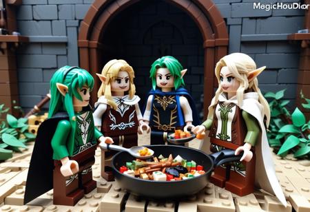 kui_ryouko LEGO,
4girls, dungeon,
(marcille_donato LEGO, blue capelet, blonde hair,), 
(frieren LEGO, white hair, white capelet, ),
(high_elf_archer_(goblin_slayer!) LEGO, short hair, green hair, brown cloak,),
(shadowheart_(baldur's_gate) LEGO, black leather vest, black hair),
holding food, frying_pan, looking at another, eating, indian_style, back,