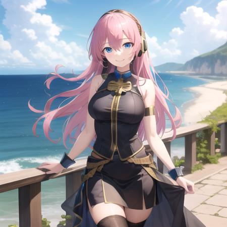 ((masterpiece)),(best quality),official art,extremely detailed CG,unity 8k wallpaper,ultra detailed,A lighthouse on a cliff by the sea,1girl,solo,cowboy shot,megurine luka,long hair,fringe,headset,black shirt,smile,blue eyes,hair between eyes,large breasts,pink hair,black thighhighs,headphones,black skirt,wrist cuffs,long skirt,<lora:Megurine Luka(vocal)>,