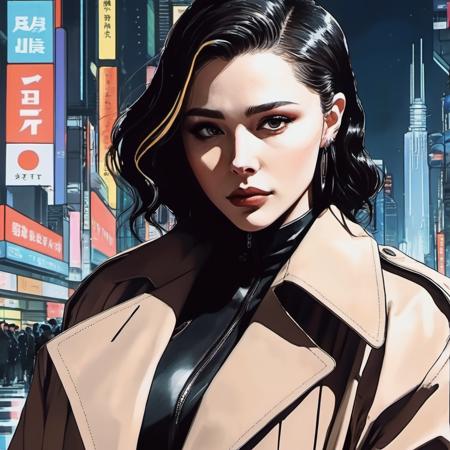 ((90s Anime style illustrattion)) drawing of a closeup on face of woman wearing a long black trench-coat,futuristic city in the background, akira, 2D, chxmrtz,  <lora:chmoretz_juggerX_xl_1_wocap-chxmrtz-000137:1.0>