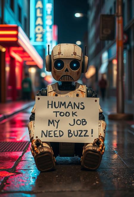 Sad robot sitting on street with sign with following text "HUMANS TOOK MY JOB NEED BUZZ!". Wet street, night, neon lights, raining, worn look, rusty.