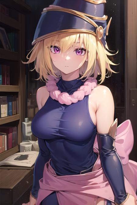 gagaga girl, blonde hair, (pink eyes:1.3), short hair, boots, chain, detached sleeves, duel monster, hat, skirt, skull, witch hat, wizard hat, bare shoulders,
