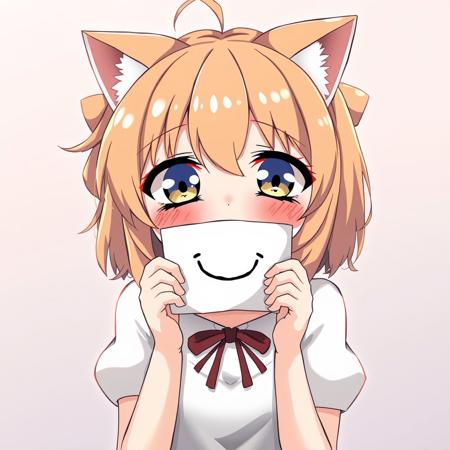 beautiful anime artwork, a cute anime catgirl that looks depressed holding a piece of paper with a smile drawn on it over her mouth, she is about to cry