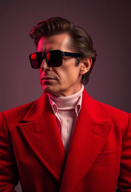 The best mobile wallpaper, Award-winning wallpaper, Portrait Photography, In front view is a portrait of alain delon wearing 1960s mid-century space-age fashion, Side view shot, Shot with Canon EOS R5, Setting a stark contrast that accentuates the subject, Fluorescent maroon shade, Wearing a very fashionable lounge coat and sunglasses are a hip 1960s style, Clothing all in one color, Beautiful background