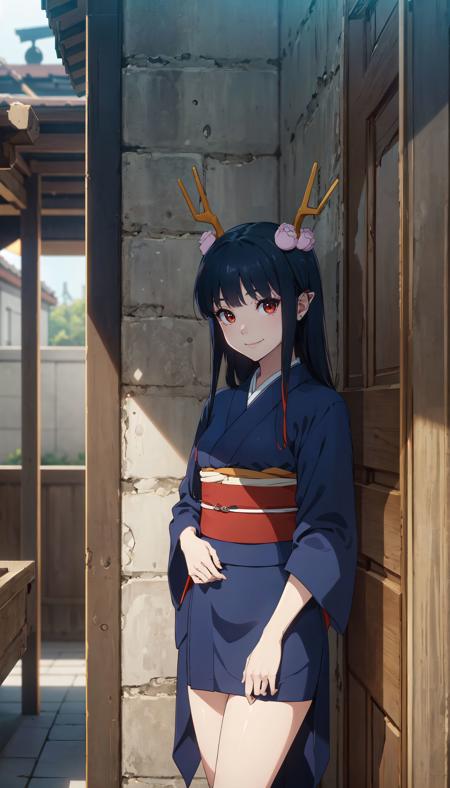 blue and red kimono long hair blue hair pointy ears red eyes gold horns