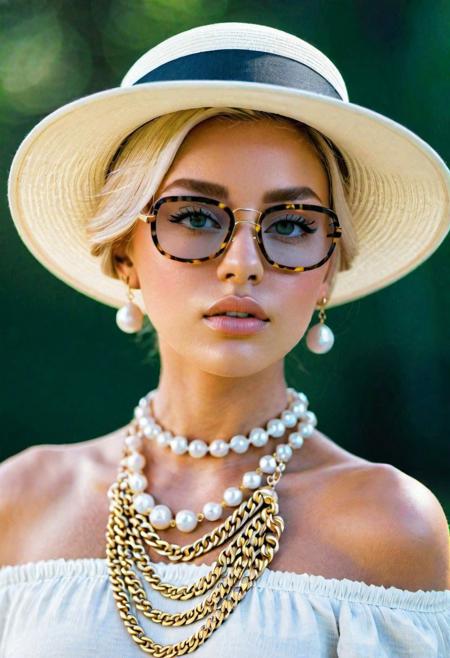 classy woman, polished look, blond hair, good looking, natural skin texture , big lips, big eye, blue eye, gold earrings, white dress, all posture,, polo1girl, dress, hat, jewelry, plant, potted_plant, short_hair, solo, sun_hat, white_dress, breasts, blonde_hair, choker, dark_skin, necklace, bag, hair_bun, white skin, lips, white_headwear, sunglasses, ring, mature_female, handbag, pearl_necklace, old money<lora:old money:1> chanel