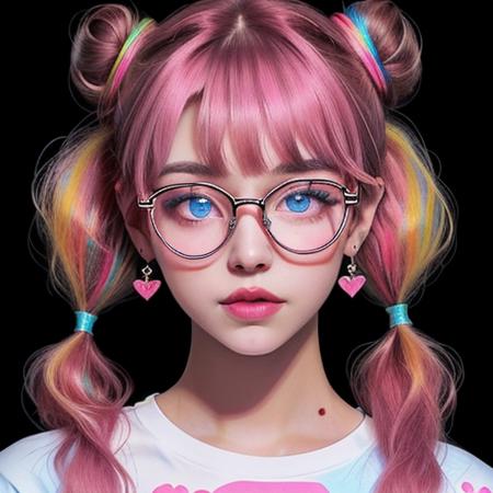 1girl,solo,jewelry,earrings,multicolored hair,looking at viewer,glasses,black background,pink-framed eyewear,heart,parted lips,pink hair,bangs,heart earrings,twintails,upper body,shirt,double bun,hair bun,long hair,sparkle,portrait,blue eyes,print shirt,<lora:color-000005:0.4>,