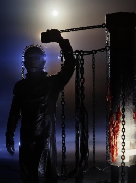 cenobyte, skinny male, gory, grey skin, upper body, leather outfit, metal, masterpiece,  big wounds, camera, <lora:Cenobytes-000013:1>, fog, silhouette, side lit, horror, chains, tentacles, ripped by tentacle, tubes attached