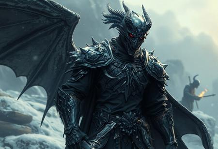 "Create a highly detailed, lifelike digital painting of a Headless Knight on a Freezing Point, with infinity blade armor and Black Rose Dragon features, inspired by DND and concept art from artists like Artgerm, Greg Rutkowski, and Alphonse Mucha. Incorporate anatomic details, a black shirt underneath the armor, and a blacksmith in the background. The style should resemble a smooth and sharp illustration, rendered with Octane or Unreal Engine, and showcasing a grainy, muted color palette, aiming for the golden ratio in composition. Desired output is HD, suitable for Artstation and a cinematic reveal, with a space camera footage feel."