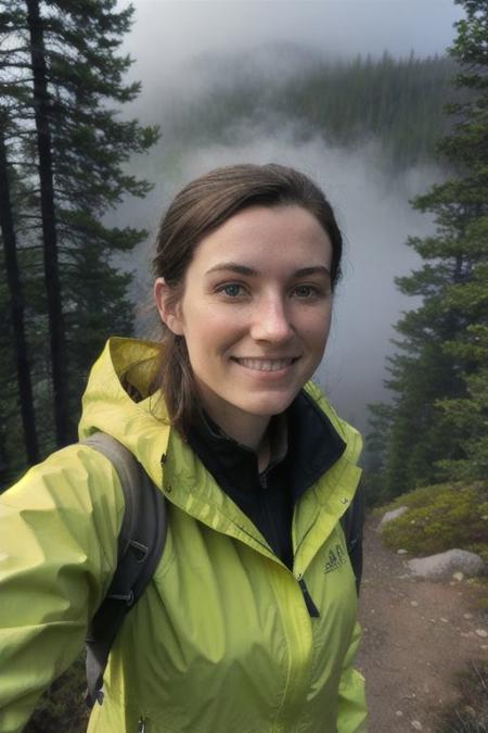 Selfie of a radiant 20 year old woman from a lookout in Rockies mountains, crystal clear lake, pinetrees forests, wildlife, (foggy: 0.8), sun rays through the fog, early morning, great perspective, detailed face, pale skin, hair tied, cleavage, rain jacket, hiking