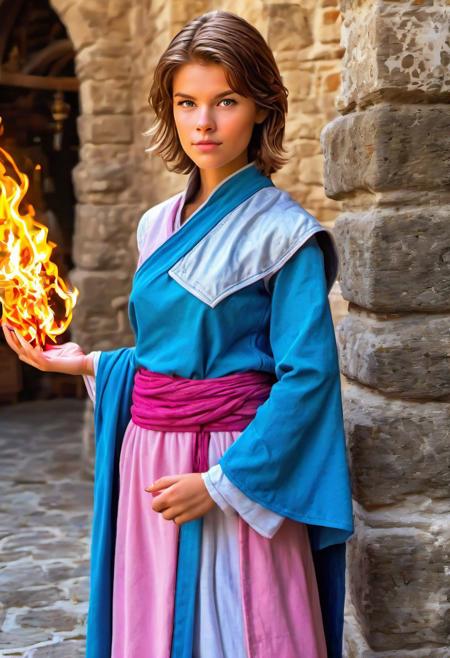 (photo:1.75) (D&D character) tan (Age 20) (monk/fire sorceress:1.2) (shorter hair, light brunette:1.23) (5'8) (130lbs) (28B-23-31 figure:1.24) makeup (blue eyes) (sliver/pink attire:1.2) athletic (medium breasts) in monastery full body real life like HDR