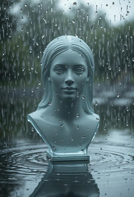 rain blocked by an invisible object, water running around the shape of an invisible human bust, portrait of a person who cannot be seen