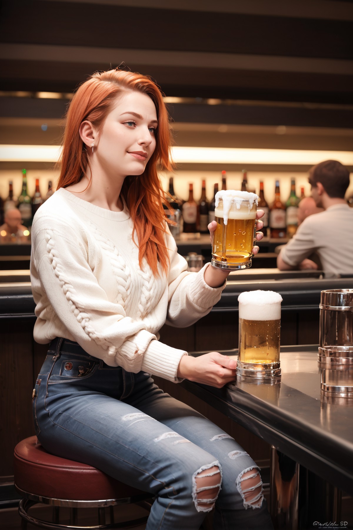 zPDXL, zPDXLpg, zPDXLrl, ginger woman with red hair in luxurious nightclub, sitting at the bar holding a beer, wearing a s...