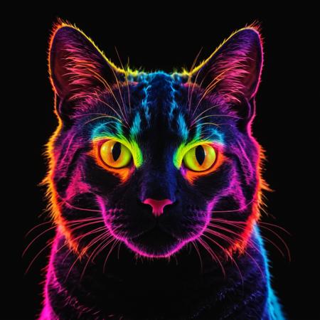 fluorescent cat, vivid colors, tiny glowing edges, luminous and colorful designs, dark background