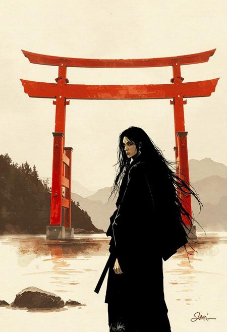 Watercolor Ink Wash, digital image art on rice paper, sepia, henna , Silhouette Art, magnificent, intricate linework with expressive contrasts, soft lighting with dynamic highlights, image of a serene Japanese man with long flowing hair, standing on the shoreline, looking at viewer, with a colossal red torii gate behind her in the Sea of Japan, far from shore, forested coastline, foggy