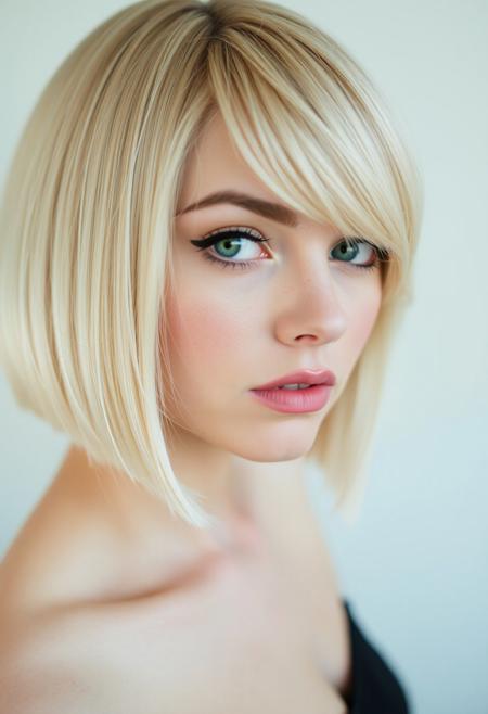woman, blonde bobcut hair, parted half hair, green and blue eyes, eyeliner