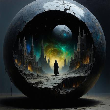Painterly dark fantasy illustration, style of Brom and Zdzisław Beksiński. Medium close-up: A figure fused from cracked porcelain doll fragments and rusted clockwork gears, hunched posture, gazes intently into a shimmering obsidian orb glowing with internal nebula-like light. Within the orb, a sharp, miniature vision: a sprawling cityscape meticulously constructed from iridescent, shifting beetle wings. Dramatic moonlight casts stark highlights on cracked porcelain and corroded metal, contrasting deep abyssal shadows. Visible, textured brushstrokes. Swirling chromatic dust motes obscure the background. Atmosphere of detached fascination, impossible construction, dreamlike logic.