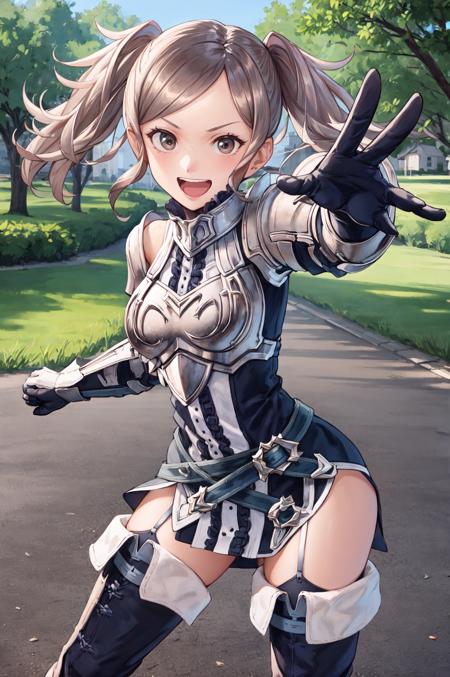 <lora:Cynthia:0.9>,smile,open mouth,cynthia,outstretched hand,fighting stance, brown hair,twintails,thighhighs, gloves, armor, short dress, boots,thigh boots, dress,elbow gloves, zettai ryouiki,breastplate, shoulder armor, belt, garter straps, outdoors,(masterpiece, best quality, ultra-detailed, best shadow)