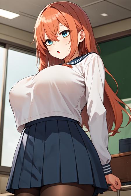 1girl, large breasts, 
komaro, blue eyes, orange hair, bangs, bags under eyes, hair between eyes, long hair, long sleeves, school uniform, serafuku, sailor collar, (white shirt:1.2), pleated skirt, black pantyhose, <lora:komaro_lora_ver1:0.7><lora:GoodHands-beta2:1> open mouth, (:o:1.2), (from below:1.2),, best quality, masterpiece, highres,