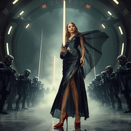 slender arrogant cold femme fatal russian princess wearing black rich  victorian  full skirt glossy foil  gown, small size opulent glossy red  high heels, ultrathin black transparent slime cloak, jewels, elegant small light saber in her right hand, lifting her skirts with left hand, posing standing, view from below,  evil grin, green eyes, lipstick, giant portal to outer space, fog from the floor, empire spaceship hangar, surrounded by halo odst troopers, TIE spaceships at the background, fashion look, hollywood, vogue makeup, porcelain skin, long haired, ultrathin waisym reminiscent of Lucas, Spielberg styles, with close-up glamour photography and dramatic lighting view from below,