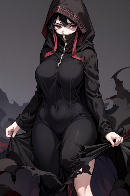 NNAssassinFSF, 1girl, solo, large breasts, black hair, red eyes, long sleeves, dress, hood, black dress, black cloak, hood up, black robe, covered mouth, hooded cloak