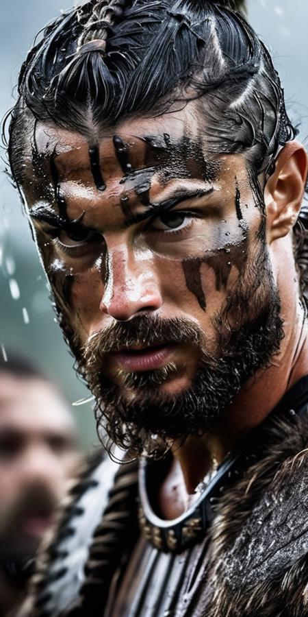 Cristiano Ronaldo A close-up shot of a fierce Viking King, covered in dripping wet black mud. His dark warpaint and scruffy black beard emphasize his angry expression, while a scar on his face tells a story of battles fought. The scene is bathed in cinematic lighting with dramatic volumetric rays, creating a moody and intense atmosphere. The Viking King grips his menacing Viking Axe