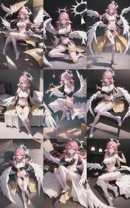 jibril 1girl, solo, long hair, breasts, sideboob, halo, pink hair, pink stocking, low wings, compass rose halo, wings, navel, book, gloves, bird ears, midriff, magic circle, asymmetrical legwear, angel, angel wings, animal ears, very long hair, yellow eyes, white wings, large breasts, mismatched legwear, single shoe, feathered wings, orange eyes, shoes, multicolored eyes, thighhighs, crop top, cross, multicolored hair, gradient hair, looking at viewer, <lora:Lora (5):1>