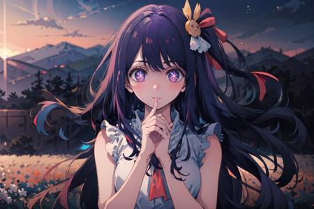 1girl, landscape, panorama, overlook,(high contrast:0.8),(distant view),blurry foreground,wind, cowboy shot,
HshinoAi, long hair, purple hair, purple eyes, hair ornament, star-shaped pupils, pink shirt, sleeveless, shirt, idol,
looking at viewer, own hands clasped,
Sports, afterimage, beautiful detailed sky, clover, flower field,
masterpiece,highres,extremely detailed CG unity 8k wallpaper, best quality, ultra-detailed,
 <lora:animeScreenshotLikeStyleMixLora_v10:1:BACKGROUND> <lora:HoshinoAi_v5-000006:1>