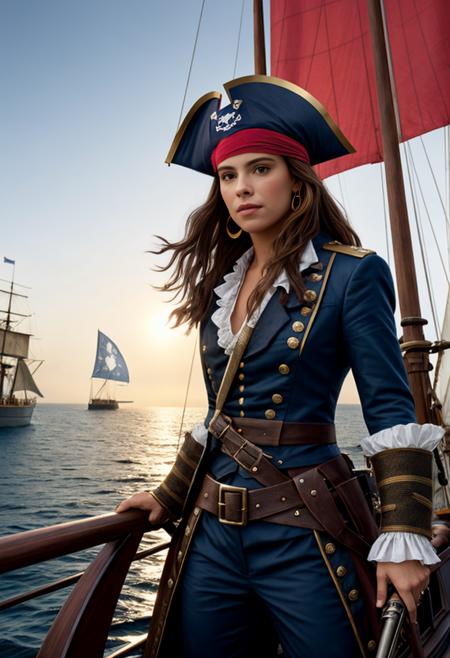 MathildaMay as  pirate, long hair, pirate suit, pirate hat, pirate boots, illuminating their colorful scarves, worn leather clothing, skull accessories, holding weapon, The pirates, with sun-kissed skin and confident stances, brandish cutlasses and pistols, Cannons lining sides of ship, barrels of rum scattered across deck, revealing ragged sails and tattered flags, <lora:more_details:0. 2>, model pose, closeup shot, 32k UHD resolution, professional photography, best quality, cinematic angle, depth of filed, cinematic lights, profile photo, realistic photo, looking at viewer, highly detailsg, <lora:MathildaMay-14:1>,